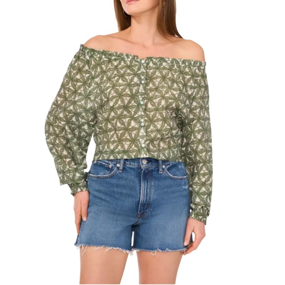 Two by Vince Camuto‎ Woven Printed Off -Shoulder Long Sleeve
Button Front Blouse